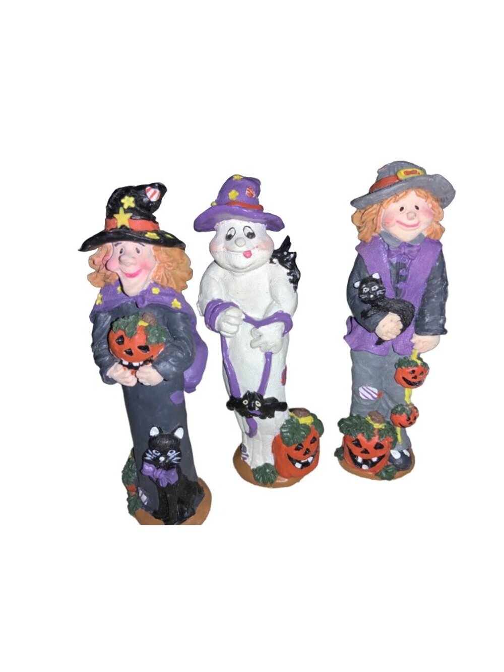 Halloween Figurines With Witches and Ghost Holding Pumpkins Black Cats Set of 3